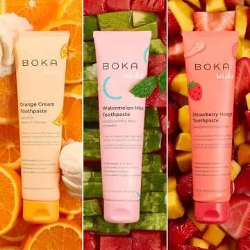 Boka Fluoride Free Toothpaste Nano Hydroxyapatite, Helps Remineralize, Appropriate for Sensitive Teeth, Whitening-for Adult, Kids Oral Care-Orange Cream, Watermelon Mint, Strawberry Mango, 4oz 3Pk