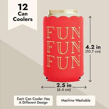 BLUE PANDA 12-Pack Scalloped Can Cooler Sleeves for Soda, Soft Drinks, Beverages, Pool Party Supplies, Girls Weekend Favors, 12 Unique Quotes, 6 Different Colors, Machine Washable (2.5x4.2 in)