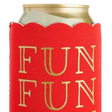 BLUE PANDA 12-Pack Scalloped Can Cooler Sleeves for Soda, Soft Drinks, Beverages, Pool Party Supplies, Girls Weekend Favors, 12 Unique Quotes, 6 Different Colors, Machine Washable (2.5x4.2 in)