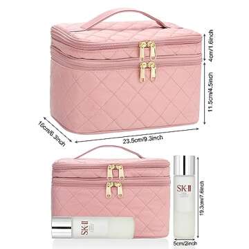 Makeup Bag, Large Capacity Makeup Organizer, Dual Layer Travel Makeup Brush Holder Case Toiletry Storage with Dividers, Portable Makeup Case for Accessories, Pink