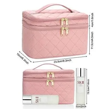 Makeup Bag, Large Capacity Makeup Organizer, Dual Layer Travel Makeup Brush Holder Case Toiletry Storage with Dividers, Portable Makeup Case for Accessories, Pink