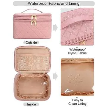 Makeup Bag, Large Capacity Makeup Organizer, Dual Layer Travel Makeup Brush Holder Case Toiletry Storage with Dividers, Portable Makeup Case for Accessories, Pink