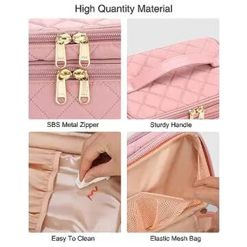 Makeup Bag, Large Capacity Makeup Organizer, Dual Layer Travel Makeup Brush Holder Case Toiletry Storage with Dividers, Portable Makeup Case for Accessories, Pink