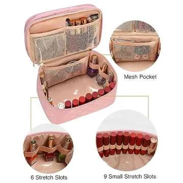 Makeup Bag, Large Capacity Makeup Organizer, Dual Layer Travel Makeup Brush Holder Case Toiletry Storage with Dividers, Portable Makeup Case for Accessories, Pink