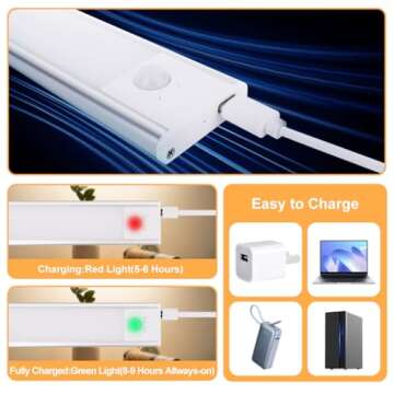 2 Packs Under Cabinet Lighting Motion Sensor,Wireless LED Closet Lights,Rechargeable Battery Powered Under Counter Lights,3 Color Temperatures Dimmable Night Lights for Drawer,Wardrobe,Kitchen,etc