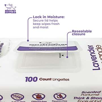Best Pet Supplies Pet Grooming Wipes for Dogs & Cats, 100 Pack, Plant-Based Deodorizer for Coats & Dry, Itchy, or Sensitive Skin, Clean Ears, Paws, Body, & Butt - Calming Lavender