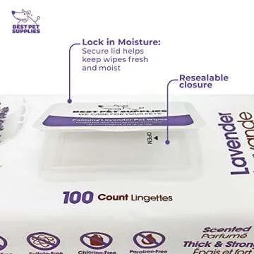 Best Pet Supplies Pet Grooming Wipes for Dogs & Cats, 100 Pack, Plant-Based Deodorizer for Coats & Dry, Itchy, or Sensitive Skin, Clean Ears, Paws, Body, & Butt - Calming Lavender