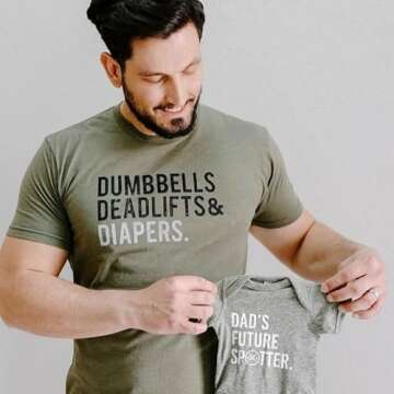 DadBod Apparel DB Men's Triple-D T-Shirt - Dumbbells Deadlifts & Diapers (Military Green/X-Large) Army Green Tee for Dad to be