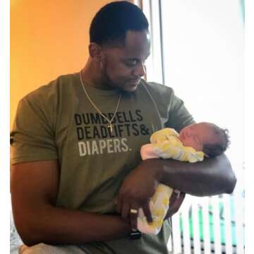 DadBod Apparel DB Men's Triple-D T-Shirt - Dumbbells Deadlifts & Diapers (Military Green/X-Large) Army Green Tee for Dad to be