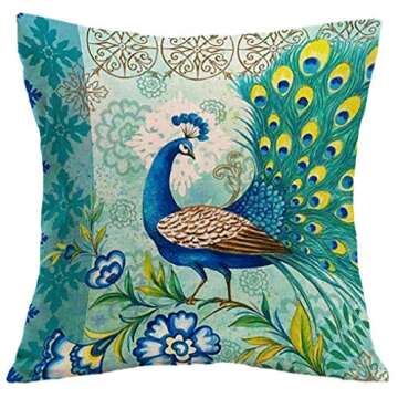 7COLORROOM Set of 4 Vintage Style Peacock Throw Pillow Cover with Flower &Green Leaves Cushion Cover...