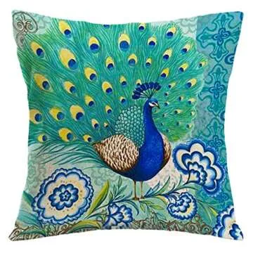 7COLORROOM Set of 4 Vintage Style Peacock Throw Pillow Cover with Flower &Green Leaves Cushion Cover Cotton Linen Home Decors Square Pillowcases 18"X18" for Couch/Sofa/Bedroom (Peacock)