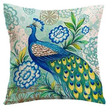 7COLORROOM Set of 4 Vintage Style Peacock Throw Pillow Cover with Flower &Green Leaves Cushion Cover Cotton Linen Home Decors Square Pillowcases 18"X18" for Couch/Sofa/Bedroom (Peacock)