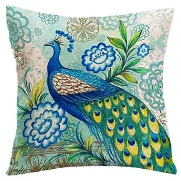 7COLORROOM Set of 4 Vintage Style Peacock Throw Pillow Cover with Flower &Green Leaves Cushion Cover Cotton Linen Home Decors Square Pillowcases 18"X18" for Couch/Sofa/Bedroom (Peacock)