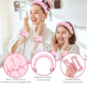 Wecoe Spa Headband Set - Skincare Headband, Hair Clips, Pink Puffy Makeup Headband, Scrunchies, and Wrist Towels For Women and Girls