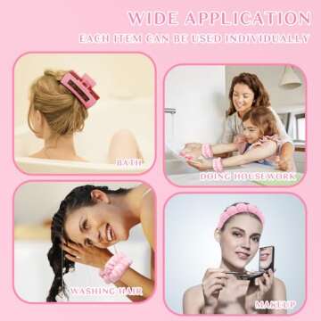 Wecoe Spa Headband Set - Skincare Headband, Hair Clips, Pink Puffy Makeup Headband, Scrunchies, and Wrist Towels For Women and Girls