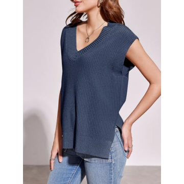 Saodimallsu Womens V Neck Sweater Vest Oversized Ribbed Knit Sleeveless Casual Loose Fit Pullover Tank Top Navy
