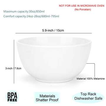 KX-WARE Melamine Bowls with Lids set - 28oz 6inch 100% Melamine Cereal/Soup/Salad Bowls, Set of 6 Wh...