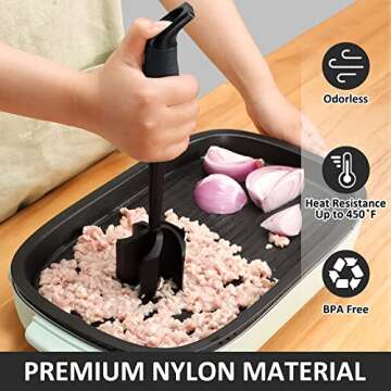 Ourokhome Upgrade Meat Chopper and Potato Masher, Heat Resistant Ground Meat Smasher for Hamburger, 5 Curved Blades Ground Beef Smasher, Nylon Non Stick Mixer, Stirrer and Kitchen Gadgets, Black