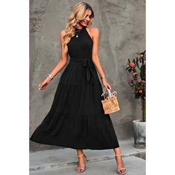 PRETTYGARDEN Women's Summer Maxi Sun Dress Sleeveless Halter Neck Flowy Ruffle Hem Long Boho Dresses with Belt (Solid Black,Small)