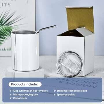 AGH 12 oz Sublimation Tumblers, 6 Pack Straight Tumbler with Lid and Straw, White Flat Cups