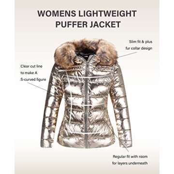Bellivera Women's Puffer Jacket, Warm Coat Hooded with Fur Collar 7695 Gold L