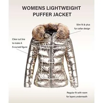Bellivera Women's Puffer Jacket, Warm Coat Hooded with Fur Collar 7695 Gold L
