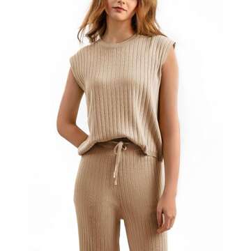 Dqbeng Women's 2 Piece Outfits Sweater Sets Knit Sleeveless Pullover Tops High Waist Pants Lounge Se...