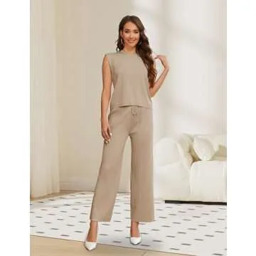 Dqbeng Women's 2 Piece Outfits Sweater Sets Knit Sleeveless Pullover Tops High Waist Pants Lounge Sets Tracksuits (Khaki-L)