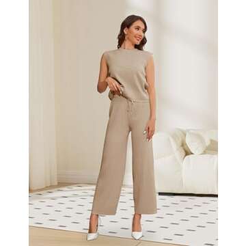 Dqbeng Women's 2 Piece Outfits Sweater Sets Knit Sleeveless Pullover Tops High Waist Pants Lounge Sets Tracksuits (Khaki-L)