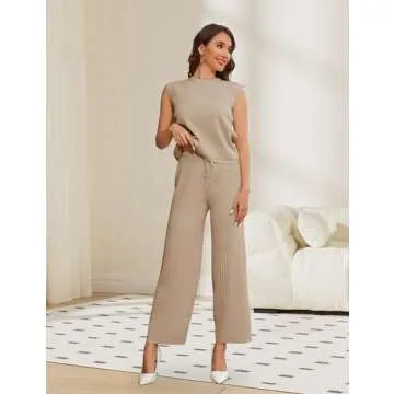 Dqbeng Women's 2 Piece Outfits Sweater Sets Knit Sleeveless Pullover Tops High Waist Pants Lounge Sets Tracksuits (Khaki-L)