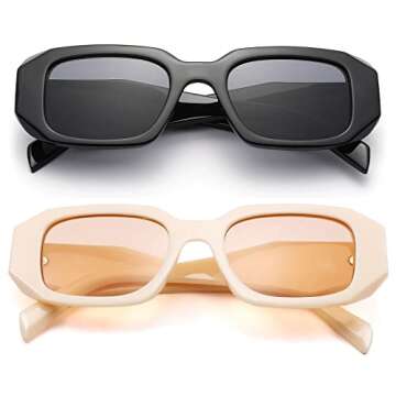 COASION Retro 90s Rectangle Sunglasses for Women Fashion Sun Glasses Vintage Small Square Frame UV400 Protection Eyewear (Black/Grey + Beige/Beige Brown)