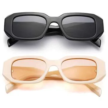 COASION Retro 90s Rectangle Sunglasses for Women Fashion Sun Glasses Vintage Small Square Frame UV400 Protection Eyewear (Black/Grey + Beige/Beige Brown)