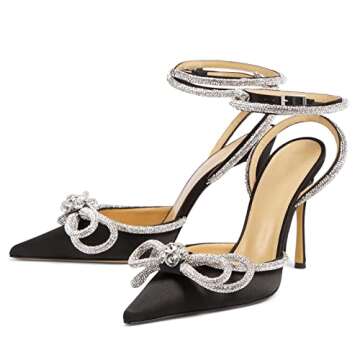 MIRAAZZURRA Women High Heeled Sandals Satin Sparkly Rhinestone Double Bow Sandals Pointy Toe Stiletto Adjustable Crystal Ankle Straps Buckle Shoes Summer Bridal Shoes Black Size 5.5