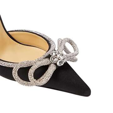 MIRAAZZURRA Women High Heeled Sandals Satin Sparkly Rhinestone Double Bow Sandals Pointy Toe Stiletto Adjustable Crystal Ankle Straps Buckle Shoes Summer Bridal Shoes Black Size 5.5