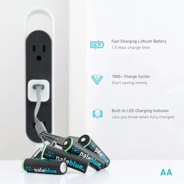 USB Rechargeable Smart Batteries by Pale Blue, Lithium Ion, Under 90 Minute Charge Time, Over 1000 Cycles, 4-in-1 USB to USB-C Charging Cable, LED Charge Indicator (8 AA and 8 AAA Batteries)