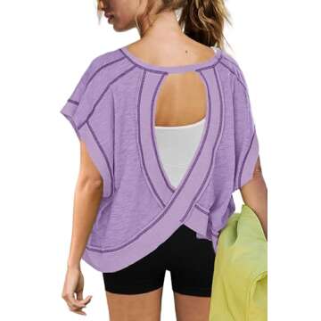 ReachMe Womens Open Back Workout Tops Athletic Backless Cropped T-Shirts Short Sleeve Gym Yoga Shirts(Light Purple,S)