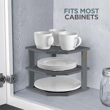Bambüsi Plate Organizer for Cabinet - Bamboo Kitchen and Bathroom Organization - Ideal for Cabinet Space Saving, Corner Cabinet Organizer, Countertop, and Corner Shelf Kitchen Organizer (Grey)