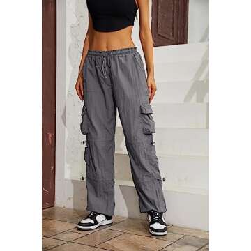 QYANGG Baggy Parachute Pants for Women Drawstring Elastic Low Waist Ruched Cargo Pants Multiple Pockets Jogger Y2K Pants, Shade.grey