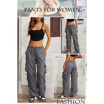 QYANGG Baggy Parachute Pants for Women Drawstring Elastic Low Waist Ruched Cargo Pants Multiple Pockets Jogger Y2K Pants, Shade.grey