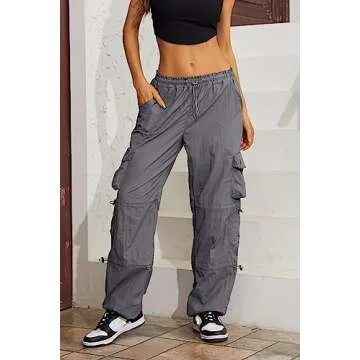 QYANGG Baggy Parachute Pants for Women Drawstring Elastic Low Waist Ruched Cargo Pants Multiple Pockets Jogger Y2K Pants, Shade.grey