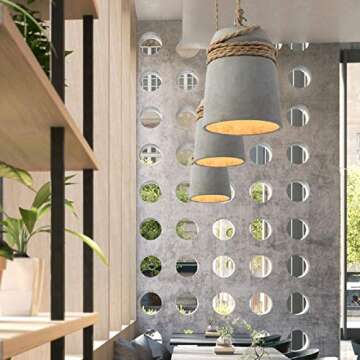KWOKING Lighting Industrial Concrete Bell Shade Pendant Ceiling Light Loft Hanging Ceiling Light with Hemp Rope Barn Lighting for Bar Cafe Bedroom Grey Finish