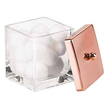 mDesign Modern Glass Square Bathroom Vanity Countertop Storage Organizer Canister Jar for Cotton Swabs, Rounds, Balls, Makeup Sponges, Bath Salts - 2 Pack - Clear/Rose Gold
