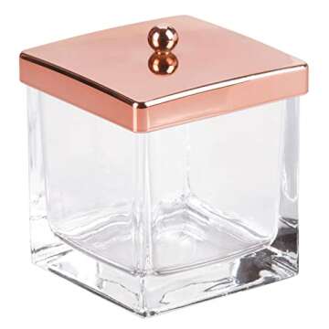mDesign Modern Glass Square Bathroom Vanity Countertop Storage Organizer Canister Jar for Cotton Swabs, Rounds, Balls, Makeup Sponges, Bath Salts - 2 Pack - Clear/Rose Gold