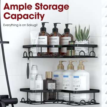 Sakugi Corner Shower Caddy - 2 Pack, Adhesive Shower Organizers, Rustproof Stainless Steel Shower Shelves with 8 Hooks, No Drilling Bathroom Organizers and Storage Racks, Space-Saving, Black,Medium