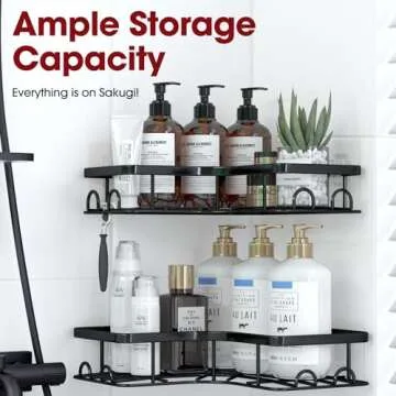 Sakugi Corner Shower Caddy - 2 Pack, Adhesive Shower Organizers, Rustproof Stainless Steel Shower Shelves with 8 Hooks, No Drilling Bathroom Organizers and Storage Racks, Space-Saving, Black,Medium