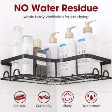Sakugi Corner Shower Caddy - 2 Pack, Adhesive Shower Organizers, Rustproof Stainless Steel Shower Shelves with 8 Hooks, No Drilling Bathroom Organizers and Storage Racks, Space-Saving, Black,Medium