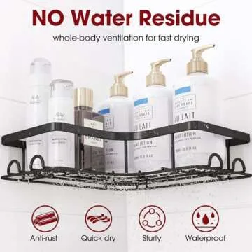 Sakugi Corner Shower Caddy - 2 Pack, Adhesive Shower Organizers, Rustproof Stainless Steel Shower Shelves with 8 Hooks, No Drilling Bathroom Organizers and Storage Racks, Space-Saving, Black,Medium