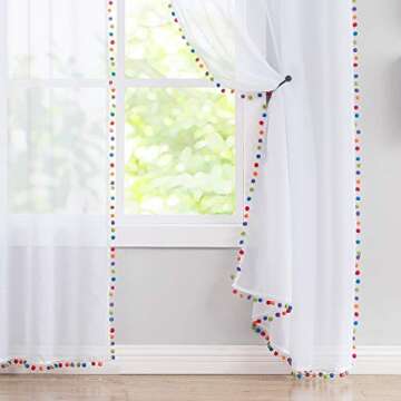 Colorful Pom Pom White Sheer Curtains for Home Decor