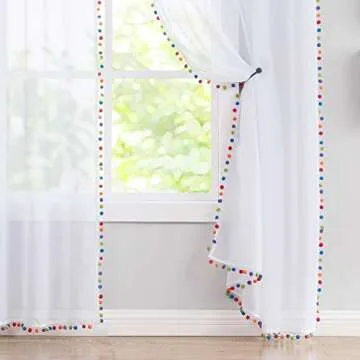 Colorful Pom Pom White Sheer Curtains for Home Decor