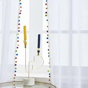 Colorful Pom Pom White Sheer Curtains for Home Decor